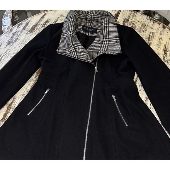 Guess Womens Sz XL BLK Wool Full Zip Up Herringbone Collar Long Tunic Moto Coat - Picture 2 of 15